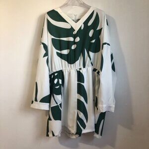 Tropical Monstera Leaf Print Romper Pockets Plus size 4XL